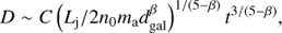 Mathematical equation: $$ D\;\sim\;C{(L_\mathrm j/2n_0m_\mathrm ad_\text{gal}^\beta)}^{1/{(5-\beta)}}t^{3/{(5-\beta)}}, $$