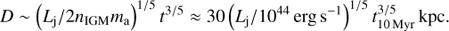 Mathematical equation: $$ D\;\sim\;{(L_\mathrm j/2n_\text{IGM}m_\mathrm a)}^{1/5}\;t^{3/5}\approx30{(L_\mathrm j/10^{44}\text{erg}\mathrm s^{-1})}^{1/5}t_{10\text{Myr}}^{3/5}\;\text{kpc.} $$