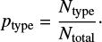 Mathematical equation: $$ \begin{equation} p_{\rm type} = \frac{N_{\rm type}}{N_{\rm total}}\cdot \end{equation} $$