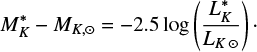 Mathematical equation: $$ \begin{equation} M^*_{K}-M_{K,\odot} = -2.5 \mathrm{log}\left(\frac{L_K^*}{L_{K \odot}}\right) \cdot\ \end{equation} $$