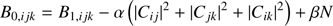 Mathematical equation: $$ \begin{aligned} B_{0,ijk} = B_{1,ijk} - \alpha \left( |C_{ij}|^2 + |C_{jk}|^2 + |C_{ik}|^2 \right) + \beta N \end{aligned} $$