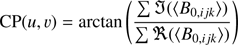 Mathematical equation: $$ \begin{aligned} \text{ CP} (u,\upsilon) = \arctan \left( \frac{\sum \mathfrak{I} (\langle B_{0,ijk}\rangle )}{\sum \mathfrak{R} (\langle B_{0,ijk}\rangle )} \right) \end{aligned} $$