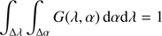 Mathematical equation: $$ \begin{aligned} \int _{\Delta \lambda } \int _{\Delta \alpha } G (\lambda , \alpha )\,\mathrm{d}\alpha \mathrm{d}\lambda = 1 \end{aligned} $$