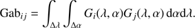 Mathematical equation: $$ \begin{aligned} \text{ Gab}_{ij} = \int _{\Delta \lambda } \int _{\Delta \alpha } G_i(\lambda , \alpha ) G_j(\lambda , \alpha )\,\mathrm{d}\alpha \mathrm{d}\lambda . \end{aligned} $$
