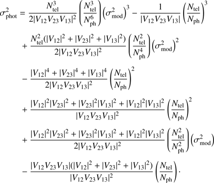 Mathematical equation: $$ \begin{aligned}&\sigma _{\text{ phot}}^2 = \frac{N_{\text{ tel}}^3}{2 |V_{12}V_{23}V_{13}|^2} \left( \frac{N_{\text{ tel}}^3}{N_{\text{ ph}}^6} \right) \left( \sigma _{\text{ mod}}^2 \right)^3 - \frac{1}{|V_{12}V_{23}V_{13}|} \left( \frac{N_{\text{ tel}}}{N_{\text{ ph}}} \right)^3 \nonumber \\&\qquad \;+\frac{N_{\text{ tel}}^2 (|V_{12}|^2+|V_{23}|^2+|V_{13}|^2)}{2 |V_{12}V_{23}V_{13}|^2} \left( \frac{N_{\text{ tel}}^2}{N_{\text{ ph}}^4} \right) \left( \sigma _{\text{ mod}}^2 \right)^2 \nonumber \\&\qquad \;-\frac{|V_{12}|^4+|V_{23}|^4+|V_{13}|^4}{2 |V_{12}V_{23}V_{13}|^2} \left( \frac{N_{\text{ tel}}}{N_{\text{ ph}}} \right)^2 \nonumber \\&\qquad \;+\frac{|V_{12}|^2 |V_{23}|^2 + |V_{23}|^2 |V_{13}|^2 +|V_{12}|^2 |V_{13}|^2 }{|V_{12}V_{23}V_{13}|^2} \left( \frac{N_{\text{ tel}}}{N_{\text{ ph}}} \right)^2 \nonumber \\&\qquad \;+\frac{|V_{12}|^2 |V_{23}|^2 + |V_{23}|^2 |V_{13}|^2 +|V_{12}|^2 |V_{13}|^2}{2 |V_{12}V_{23}V_{13}|^2} \left( \frac{N_{\text{ tel}}^2}{N_{\text{ ph}}^2} \right) \left( \sigma _{\text{ mod}}^2 \right) \nonumber \\&\qquad \;-\frac{|V_{12}V_{23}V_{13}|(|V_{12}|^2+|V_{23}|^2+|V_{13}|^2)}{|V_{12}V_{23}V_{13}|^2} \left( \frac{N_{\text{ tel}}}{N_{\text{ ph}}} \right)\cdot \end{aligned} $$