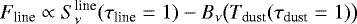 Mathematical equation: \begin{equation*} F_{\textrm{line}} \propto S_{\nu}^{\textrm{line}}(\tau_{\textrm{line}} = 1) - B_{\nu}\big(T_{\textrm{dust}}(\tau_{\textrm{dust}} = 1)\big)\end{equation*}