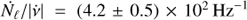 Mathematical equation: $ \dot {N_{\ell}}/|\dot{\nu}|= (4.2\pm 0.5)\times 10^2\, \mathrm{Hz}^{-1} $