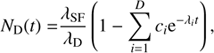 Mathematical equation: $$ \begin{aligned} N_{\rm D}(t) =&\frac{\lambda _{\rm SF}}{\lambda _{\rm D}} \left( 1 - \sum _{i=1}^D c_i \mathrm{e}^{-\lambda _i t} \right), \end{aligned} $$