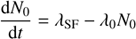 Mathematical equation: $$ \begin{aligned} \frac{\mathrm{d}N_0}{\mathrm{d}t} = \lambda _{\rm SF}- \lambda _0N_0 \end{aligned} $$