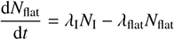 Mathematical equation: $$ \begin{aligned} \frac{\mathrm{d}N_{\rm flat}}{\mathrm{d}t}&= \lambda _{\rm I}N_{\rm I} - \lambda _{\rm flat}N_{\rm flat} \end{aligned} $$