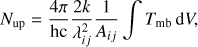 Mathematical equation: $$ \begin{aligned} N_{\text{up}}=\frac{4 \pi }{\text{hc}}\frac{2k}{\lambda _{ij}^2}\frac{1}{A_{ij}}\int T_{\text{mb}} \,{\text{d}}V , \end{aligned} $$