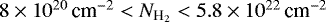 Mathematical equation: $8\times10^{20}\,{\textrm{cm}^{-2}}<N_{\textrm{H}_2} <5.8\times10^{22}\,{\textrm{cm}^{-2}}$