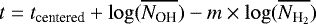 Mathematical equation: $t = t_{\textrm{centered}}+\log(\overline{N_{\textrm{OH}}}) - m\times\log(\overline{N_{\textrm{H}_2}})$