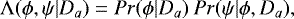 Mathematical equation: \begin{equation*} {\mathrm \Lambda}(\phi,\psi| D_{a}) = Pr(\phi|D_{a}) \: Pr(\psi|\phi,D_{a}),\end{equation*}