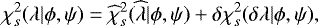 Mathematical equation: \begin{equation*} \chi^{2}_{s}({\mathrm \lambda}|\phi,\psi) = \widehat{\chi}^{2}_{s}(\widehat{{\mathrm \lambda}}|\phi,\psi) + \delta \chi^{2}_{s}(\delta {\mathrm \lambda}| \phi,\psi),\end{equation*}
