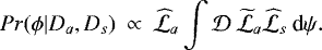 Mathematical equation: \begin{equation*} Pr(\phi|D_{a},D_{s}) \: \propto \: \widehat{\cal L}_{a} \int {\cal D} \: \widetilde{\cal L}_{a} \widehat{\cal L}_{s} \: \textrm{d}\psi.\vspace*{-8pt}\end{equation*}