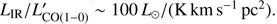 Mathematical equation: $ \textstyle L_\text{IR}/L_{\text{CO}{(1-0)}}^'\sim100L_\odot/{(\text{K km s}^{-1}\text{pc}^2)}. $