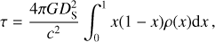 Mathematical equation: $$ \begin{aligned} \tau =\frac{4 \pi G D_\mathrm{S}^2}{c^2}\int _0^1 x(1-x)\rho (x) \mathrm{d}x\, , \end{aligned} $$
