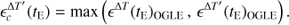Mathematical equation: $$ \begin{aligned} \epsilon _c^{\Delta T{^{\prime }}}(t_\mathrm{E}) = \mathrm{max}\left( \epsilon ^{\Delta T}(t_\mathrm{E})_\mathrm{OGLE}\,,\,\epsilon ^{\Delta T{^{\prime }}}(t_\mathrm{E})_\mathrm{OGLE}\right). \end{aligned} $$