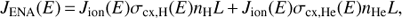 Mathematical equation: $ \begin{aligned} J_\mathrm{ENA}(E)\,{=}\,J_\mathrm{ion}(E) \sigma _\mathrm{cx,H}(E) n_\mathrm{H} L\,{+}\,J_\mathrm{ion}(E) \sigma _\mathrm{cx,He}(E) n_\mathrm{He} L, \end{aligned} $