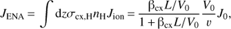 Mathematical equation: $ \begin{aligned} J_\mathrm{ENA}\,{=}\,\int \mathrm{d}z \sigma _\mathrm{cx,H}n_\mathrm{H} J_\mathrm{ion}\,{=}\,\frac{\mathrm{{\beta }}_\mathrm{cx}L/V_0}{1\,{+}\,\mathrm{{\beta }}_\mathrm{cx}L/V_0}\frac{V_0}{v}J_0, \end{aligned} $