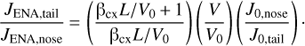 Mathematical equation: $ \begin{aligned} \frac{J_\mathrm{ENA, tail}}{J_\mathrm{ENA, nose}}\,{=}\,\left(\frac{\mathrm{{\beta }}_\mathrm{cx}L/V_0\,{+}\,1}{\mathrm{{\beta }}_\mathrm{cx}L/V_0}\right) \left(\frac{V}{V_0}\right)\left(\frac{J_\mathrm{0, nose}}{J_\mathrm{0, tail}}\right)\cdot \end{aligned} $
