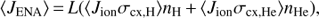 Mathematical equation: $ \begin{aligned} \langle J_\mathrm{ENA} \rangle \,{=}\,L(\langle J_\mathrm{ion}\sigma _\mathrm{cx,H} \rangle n_\mathrm{H}\,{+}\,\langle J_\mathrm{ion}\sigma _\mathrm{cx,He} \rangle n_\mathrm{He}), \end{aligned} $