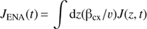 Mathematical equation: $ \begin{aligned} J_\mathrm{ENA}(t)\,{=}\,\int \mathrm{d}z (\mathrm{{\beta }}_\mathrm{cx}/v) J(z, t) \end{aligned} $