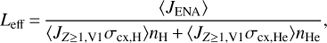 Mathematical equation: $ \begin{aligned} L_\mathrm{eff}\,{=}\,\frac{\langle J_\mathrm{ENA} \rangle }{\langle J_{Z{\ge }1,\mathrm V1}\sigma _\mathrm{cx,H}\rangle n_\mathrm{H}\,{+}\,\langle J_{Z{\ge }1,\mathrm V1}\sigma _\mathrm{cx,He}\rangle n_\mathrm{He}}, \end{aligned} $
