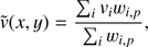 Mathematical equation: $ \begin{equation}\tilde{v}(x, y) = \frac{\sum_i v_i w_{i,p}}{\sum_i w_{i,p}},\end{equation} $