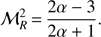 Mathematical equation: $ \begin{aligned} \mathcal{M }_R^2 \,{=}\, \frac{2\alpha -3}{2\alpha + 1}. \end{aligned} $