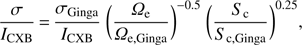 Mathematical equation: $ \begin{aligned} \frac{\sigma }{I_{\mathrm{CXB}}} \,{=}\, \frac{\sigma _{\mathrm{Ginga}}}{I_{\mathrm{CXB}}}~\bigg (\frac{\Omega _{\mathrm{e}}}{\Omega _{\mathrm{e,Ginga}}}\bigg )^{-0.5}~\bigg (\frac{S_{\mathrm{c}}}{S_{\mathrm{c,Ginga}}}\bigg )^{0.25} , \end{aligned} $