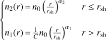 Mathematical equation: $ \begin{aligned} {\left\{ \begin{array}{ll} n_{2}(r) \,{=}\, n_0\left(\frac{r}{r_{\mathrm{sh}}}\right)^{\alpha _2}&r\le r_{\mathrm{sh}} \\ n_{1}(r) \,{=}\, \frac{1}{C}n_0\left(\frac{r}{r_{\mathrm{sh}}}\right)^{\alpha _1}&> r_{\mathrm{sh}} \end{array}\right.} \end{aligned} $