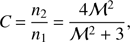 Mathematical equation: $ \begin{aligned} C \,{=}\, \frac{n_{2}}{n_{1}} \,{=}\, \frac{4\mathcal{M }^2}{\mathcal{M }^2 + 3}, \end{aligned} $