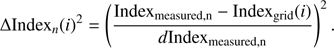 Mathematical equation: $\Delta {\rm{Inde}}{{\rm{x}}_n}{(i)^2} = {\left( {\frac{{{\rm{Inde}}{{\rm{x}}_{{\rm{measured}},{\rm{n}}}} - {\rm{Inde}}{{\rm{x}}_{{\rm{grid}}}}(i)}}{{d{\rm{Inde}}{{\rm{x}}_{{\rm{measured}},{\rm{n}}}}}}} \right)^2}.$