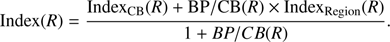 Mathematical equation: $ \label{eq:mixIndex} {\rm Index}(R)= \frac{{\rm Index}_{\rm{CB}}(R)+{\rm BP/CB}(R)\times {\rm Index}_{\rm Region}(R)}{1+BP/CB(R)}. $