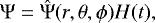 Mathematical equation: \begin{equation*} {\mathrm{\Psi}} = \hat{{\mathrm{\Psi}}}(r, \theta, \phi) H(t), \end{equation*}