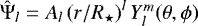 Mathematical equation: $\hat{{\mathrm{\Psi}}}_l = A_l\left(r/R_{\star}\right)^l Y_l^m(\theta, \phi)$
