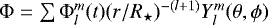 Mathematical equation: ${{\mathrm{\Phi}}=\sum {\mathrm{\Phi}}_l^m(t) (r/R_{\star})^{-(l+1)} {Y}_{l}^{m}(\theta, \phi)}$