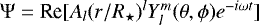 Mathematical equation: ${{\mathrm{\Psi}} = \textrm{Re}[A_l(r/R_{\star})^l Y_l^m (\theta, \phi) e^{-i \omega t}]}$