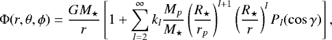 Mathematical equation: \begin{equation*}{\mathrm{\Phi}}(r,\theta,\phi) = \frac{G M_{\star}}{r} \left[1 + \sum_{l=2}^{\infty} k_l \frac{M_p}{M_{\star}} \left(\frac{R_{\star}}{r_p}\right)^{l+1} \left(\frac{R_{\star}}{r}\right)^{l} P_l(\cos \gamma) \right], \end{equation*}