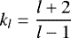 Mathematical equation: \begin{equation*} k_l = \frac{l+2}{l-1} \end{equation*}