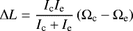 Mathematical equation: \begin{equation*} {\mathrm{\Delta}} L = \frac{I_{\textrm{c}} I_{\textrm{e}} }{I_{\textrm{c}}+ I_{\textrm{e}}} \left({\mathrm{\Omega}}_{\textrm{c}} - {\mathrm{\Omega}}_{\textrm{e}}\right) \end{equation*}