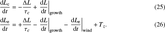 Mathematical equation: \begin{align*} \frac{\mathrm{d}{L_{\textrm{c}}}}{\mathrm{d}{t}} &= -\frac{{\mathrm{\Delta}} L }{\tau_c} + \left.\frac{\mathrm{d}{L}}{\mathrm{d}{t}}\right\vert_{\textrm{growth}} \\ \frac{\mathrm{d}{L_{\textrm{e}}}}{\mathrm{d}{t}} &= + \frac{{\mathrm{\Delta}} L }{\tau_c} - \left.\frac{\mathrm{d}{L}}{\mathrm{d}{t}}\right\vert_{\textrm{growth}} -\left.\frac{\mathrm{d}{L_{\textrm{e}}}}{\mathrm{d}{t}}\right\vert_{\textrm{wind}} + T_z.\end{align*}