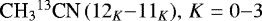 Mathematical equation: ${\textrm{C}{\textrm{H}_3}^{13}\textrm{CN}}\,(12_K{-}11_K), \,K = 0{-}3$