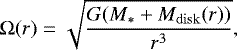Mathematical equation: \begin{equation*}\mathrm{\Omega}(r)=\sqrt{\frac{G(M_{\mathrm{\ast}}+M_{\mathrm{disk}}(r))}{r^3}}, \end{equation*}