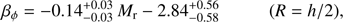 Mathematical equation: $$ \beta _\phi = - 0.14_{ - 0.03}^{ + 0.03} {\mkern 1mu} M_{\rm r} - 2.84_{ - 0.58}^{ + 0.56} \quad (R = h/2), $$