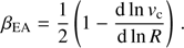 Mathematical equation: $$ \beta _{{\rm EA}} = {1 \over 2}\left( {1 - {{{\rm d}\ln v_{\rm c} } \over {{\rm d}\ln R}}} \right){\mkern 1mu} . $$