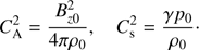 Mathematical equation: $ \begin{aligned} C_\mathrm{A}^2=\frac{B_{z0}^2}{4 \pi \rho _0}, \quad C_\mathrm{s}^2=\frac{\gamma p_0}{\rho _0}\cdot \end{aligned} $