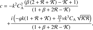 Mathematical equation: $ \begin{aligned}&c={-}k^2 C_\mathrm{A}^2 \frac{\left( \beta \left(2+ \mathcal{R} + \mathcal{K} \right) - \mathcal{K} +1\right)}{\left(1+\beta +2\mathcal{R}-\mathcal{K}\right)}\nonumber \\&\quad \;{+}\frac{i\left(-gk(1+\mathcal{R}+\mathcal{K})+\frac{10}{3}\nu k^3 C_\mathrm{A} \sqrt{\mathcal{KR}}\right)}{\left(1+\beta +2\mathcal{R}-\mathcal{K}\right)}, \end{aligned} $